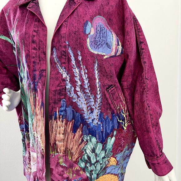 Womens Vintage Sundance S Dolman Denim Jean Hand Painted Sea Life Pink Jacket - Picture 4 of 7